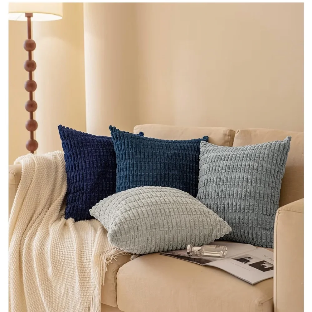 Corduroy Soft Striped Farmhouse SQUARE Throw Pillow Covers 18x18” BLUE (4-pack)